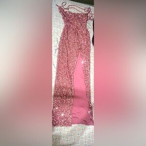 Sequin Long Pink Dress with a slit at the end.